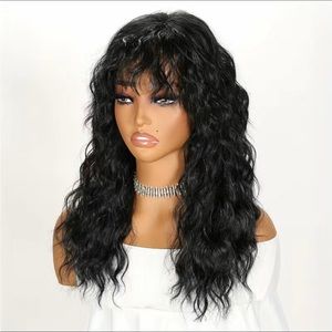 Human hair blenb black curly wavy wig with bang